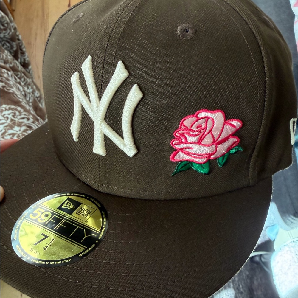 New Era Brown Fitted Hat with Pink Rose Patch
